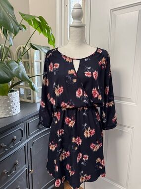 Lush Navy Floral Keyhole Dress - Pink & Cream Flowers Size L